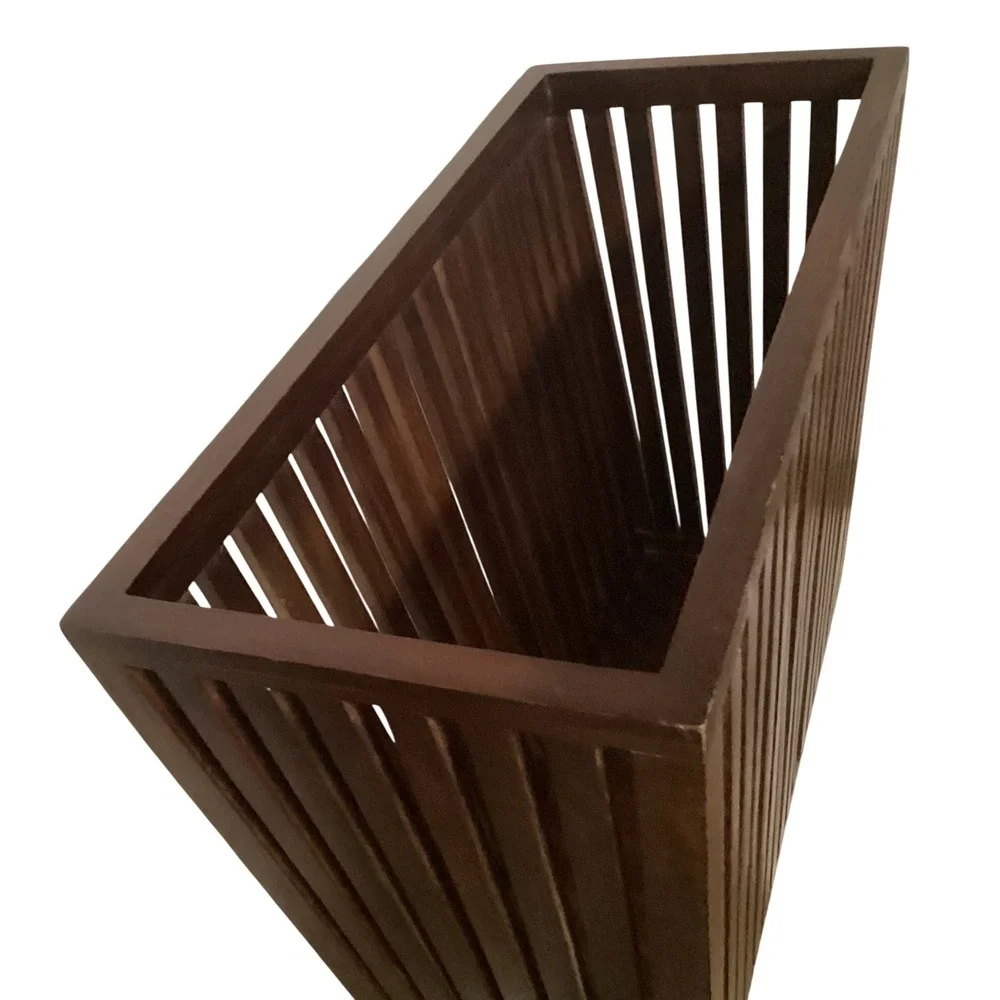 Mid Century Modern Slatted Wood Magazine Holder Floor Rack Dark Brown Heavy